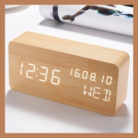 Pokanic Wood Digital Alarm Clock Desk Time, Date(MM/DD/YY), Day of The Week, Temperature, Nightlight Large LED Display Portable Lamp Bedroom, Office, School, Home, Livingroom, Room (Bamboo)