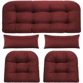 PITCTCHIC Wicker Chair Cushions of 5 Pieces, Waterproof Outdoor Loveseat Cushion for Wicker Furniture, 1 Love Seat Cushion, 2 U-Shape and 2 Lumbar Pillows for Patio Furniture (Red)