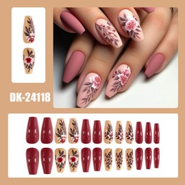 Pink Medium Coffin Press on Nails Flower Fake Nails Glossy Pink Acrylic Nails Full Cover with Embossed Flowers Designs Coffin Nails Press ons Spring Summer Stick on Nails for Women 24 pcs