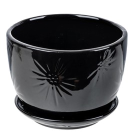 MyGift 7 Inch Round Black Gloss Ceramic Plant Pot with Drainage Hole and Attached Saucer, Modern Decorative Embossed Sunburst Planter Container for Indoor Home Garden