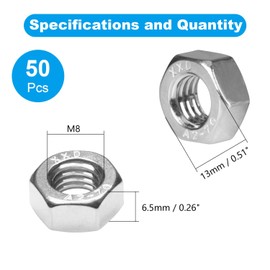 Yinpecly 50pcs M8-1.25 Hex Nut, 304 Stainless Steel Nuts,M8x1.25mm Hex Drive,Metric Coarse Thread Hexagon Nut,Small Nuts Fasteners, Right Hand, M8 Replacement Nut