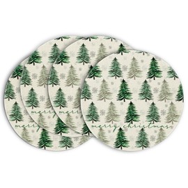 Artoid Mode Xmas Trees Snowflake Merry Christmas Round Placemats Set of 4, 14 Inch Winter Round Table Mats for Dining Decoration