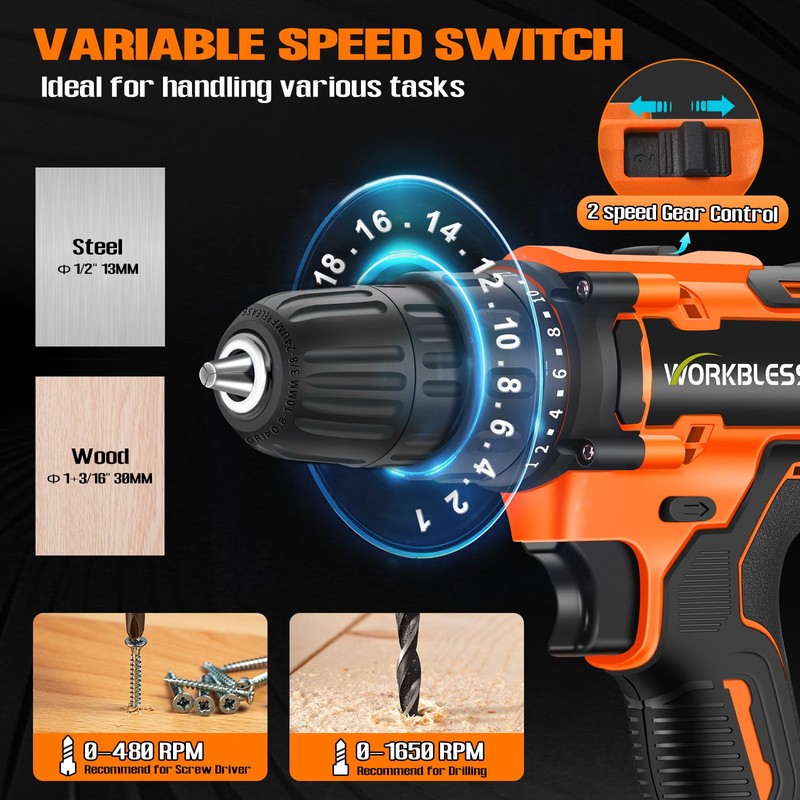 WorkBless WORKBLESS 21V Power Drill Set, Cordless Drill with Batteries
