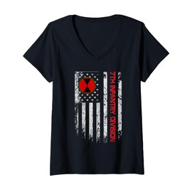 Womens 7th Infantry Division Vintage USA Flag Military Veterans Day V-Neck T-Shirt