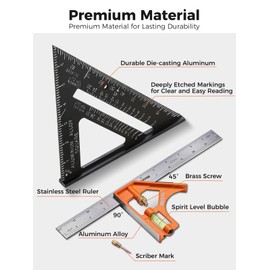 Mecurate 7-Inch Rafter Square and 12-Inch Combination Square Set, Precise Measuring, Easy-to-Read, Durable Carpenter and Combo Tools for Woodworking, Metalworking, Cutting Guidance & DIY Projects
