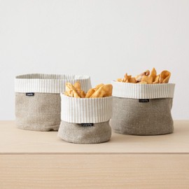 LinenMe Beige Natural Striped Linen Cotton Basket Jazz, MEDIUM (20 x 20 cm)