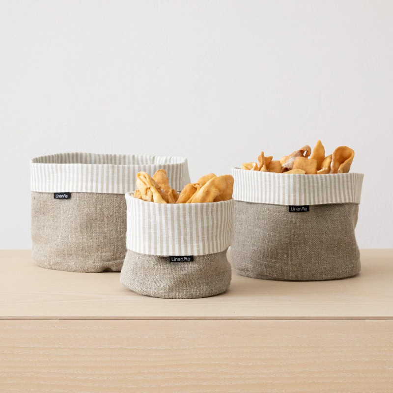 LinenMe Beige Natural Striped Linen Cotton Basket Jazz, MEDIUM (20