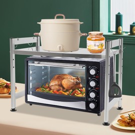 Microwave Oven Rack Stainless Steel Expandable Microwave Oven Stand with 4 Hooks Modern Microwave Shelf Countertop Organizing Holder for Home Kitchen Office, Silver