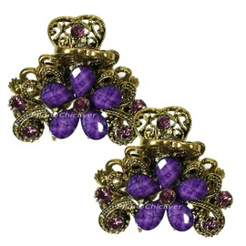 2 x Hair Grips Flowers in Vintage Look Metal Acrylic Hair Clip Purple Gold 5695f
