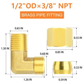 GASHER 5PCS Brass 90 Degree Elbow Compression Tube Pipe Fitting Connector, 1/2" Tube OD x 3/8" NPT Male Connector