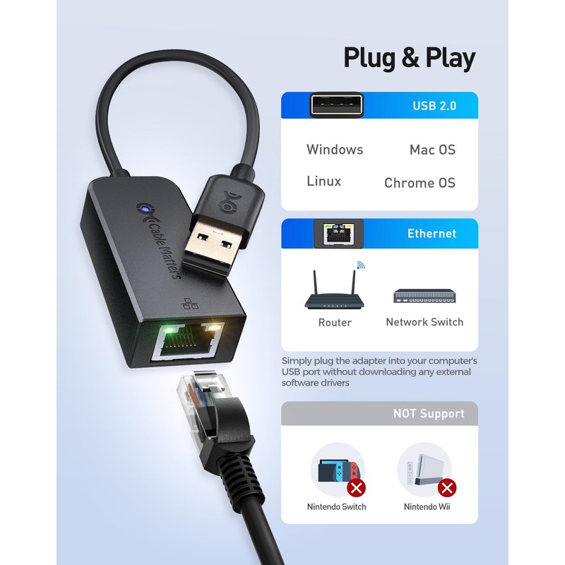 Cable Matters Plug & Play USB to Ethernet Adapter with