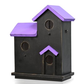 3-Chamber Wooden Bird House with Rope, Outdoor Bird Nesting Box with 3 Entry Holes, Multi-Level Shelter for Small Birds (Black/Purple, 3 Chamber)