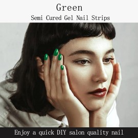 IQXGE 20Pcs Green Semi Cured Gel Nail Strips Self Adhesive Gel Nail Stickers UV/LED Light Needed Long Lasting Polish Nails Wraps Waterproof Glossy Nails Polish Strips for Women
