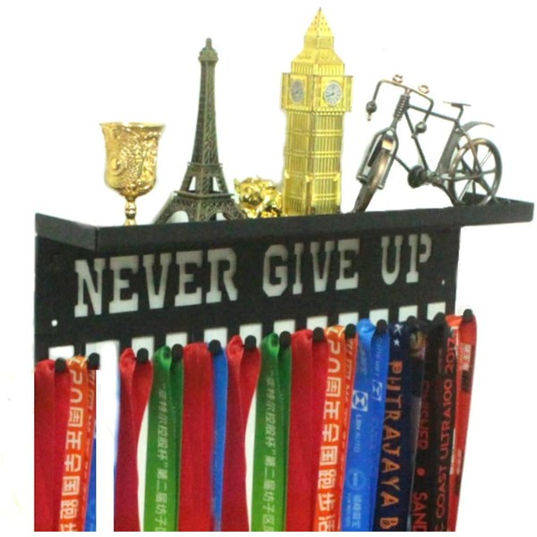 URBN BY MODERN HOME FINISHINGS Never Give Up Motivational Sports Medal Holder Display Rack Case Ribbon Hanger with Shelf and Hooks