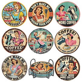 8Pcs Retro Housewife Diamond Art Coasters Kits, Vintage Coffee Diamond Painting Coasters with Holder Cork Pads, DIY Gem Art Coaster Kit for Home Decor