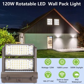 Rotatable LED Wall Pack Light with Dusk to Dawn Photocell, 120W 16800LM 600-800W HPS/HID Equiv., 5000K Daylight ETL Commercial Outdoor Security Lighting for Warehouse, Entrance, Parking, Garage