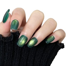 Cat Eye Press on Nails Handmade Short Oval/Square/Round False Nails with French Tip/Aurora/Magnetic Shimmer Designs (Jelly#Square Emerald, Large)