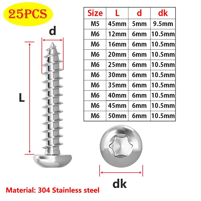 Qrity 25 Pieces M6 x 60 mm Self-Tapping Screw, Torx