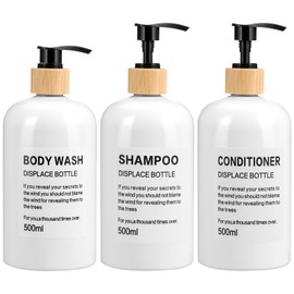 simarro Refillable Shampoo and Conditioner Bottles, Shower Soap Dispenser 16.9 Oz White Shampoo and Conditioner Bottles with Waterproof Labels Shampoo Dispenser with Bamboo Pump(Black+White)
