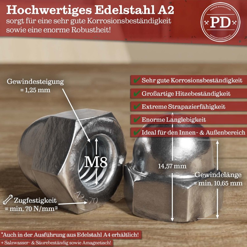 PD® Cap Nuts M8 Stainless Steel (DIN 1587) | High