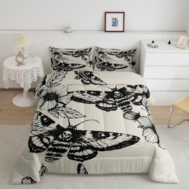 Feelyou Gothic Skull Bedding Set Decorative Death Moth and Flowers Comforter Set Queen Size for Kids Teens Adults Bedroom Decor Breathable Pesonalized Skeleton Bones Comforter Black Cream Quilt Set