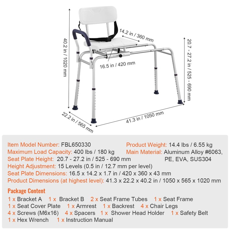 Happybuy Sliding Tub Transfer Bench, Height Adjustable, 400LBS Capacity