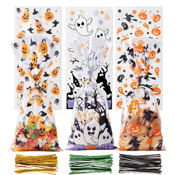 CCINEE Halloween Cellophane Treat Bags, 150pcs Halloween Plastic Clear Candy Bags with 300pcs Twists for Snacks Cookies Packing