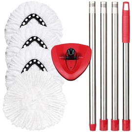 FOOKCIAN Spin Mop Replacement Head, Base, Handle Compatible with O Cedar EasyWring Microfiber Spin Mop, 4 Mop Replacement Heads, 30-58'' Mop Handle and 1 Mop Base Combo Set (White (1 Can System))