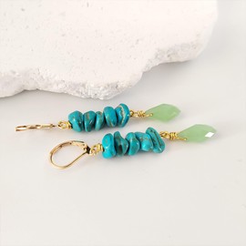 Natural Raw Irreguar Turquoise Stone Beads Waterdrop Green Dongling Jade Drop Earrings,Vertical Bar 14K Yellow Gold Plated Real Quartz Gemstone Crystal Dangle Earrings for Women (B06_Dongling Jade)