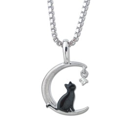 Laamore Terno Women's Necklace, Stainless Steel, Surgical Stainless Steel, White Zirconia, Cat and Moon, Black, Gift, Birthday, Anniversary, Present, Stainless Steel Cubic Zirconia, No Gemstone