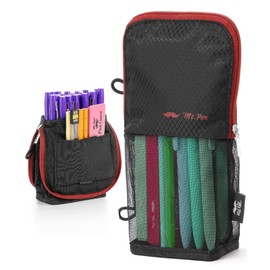 Mr. Pen- Standing Pencil Case Pouch, Sit & Lay Mesh-View Design, Black with Red Zipper, Interior Pocket & 2 Elastic Binder Loops, Cute Pencil Case for Girls and Boys