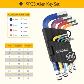 Metric Hex Key Set, 9Pcs Mini Allen Key Set 1.5-10mm, Anti-Slip Ball End Hex Wrench Set, for Disassembly and Maintenance of Mechanical Equipment Vehicles, with Color Coding - Imperial