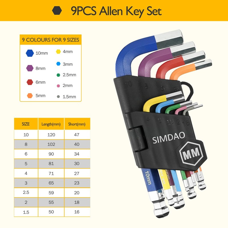 Metric Hex Key Set, 9Pcs Mini Allen Key Set 1.5-10mm,