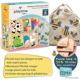 Magifire Wood Puzzles for Toddlers 1-3, Set of 6 Montessori Toys for 1 Year Old, Toddler Puzzles, Baby Puzzles with Large Pieces Safe for Kids, Includes Storage Bag and Giftable Box