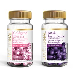 Juveternal | Duo Cápsulas Faciales Colágeno Biotina|Cápsulas Faciales Ácido Hialurónico | 90 cáps c/u |Efecto lifting|Reafirma y Retexturiza la piel|