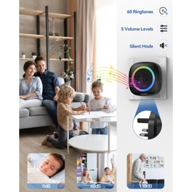 TECKNET Wireless Doorbell, IP66 Waterproof Plug in Doorbell with RGB Light, Portable Cordless Door Chime Kit with 1300feet Long Range, 60 Chimes & 5 Level Volume Door Bell for Home (Black)