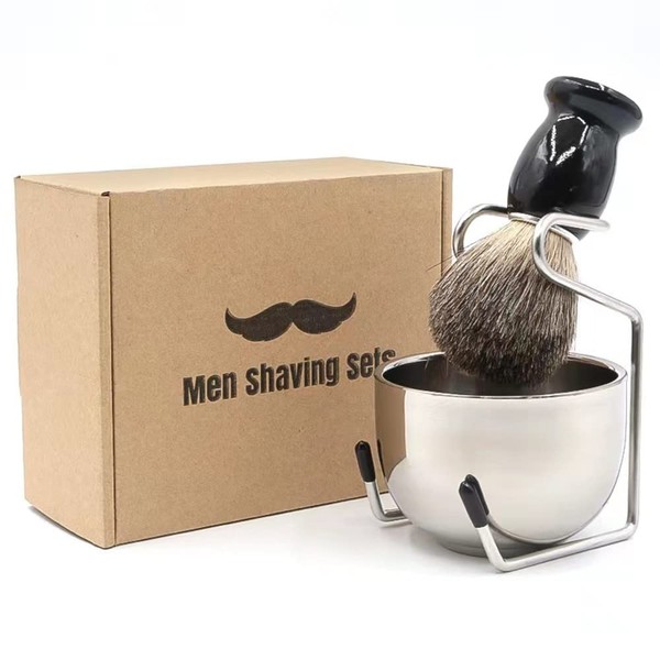 FOUUA Shaving Brush Kit, 3in1 Pure Badger Shaving Brush with Wood Handle, Stainless Steel Shaving Bowl & Stand, Shaving Kit for Men Perfect Wet Shaving Set (Black)