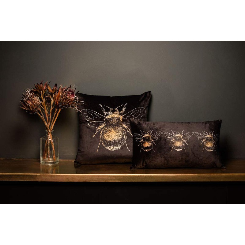 Evans Lichfield Gold Bee Cushion Cover, Velvet, Grey, 30 x