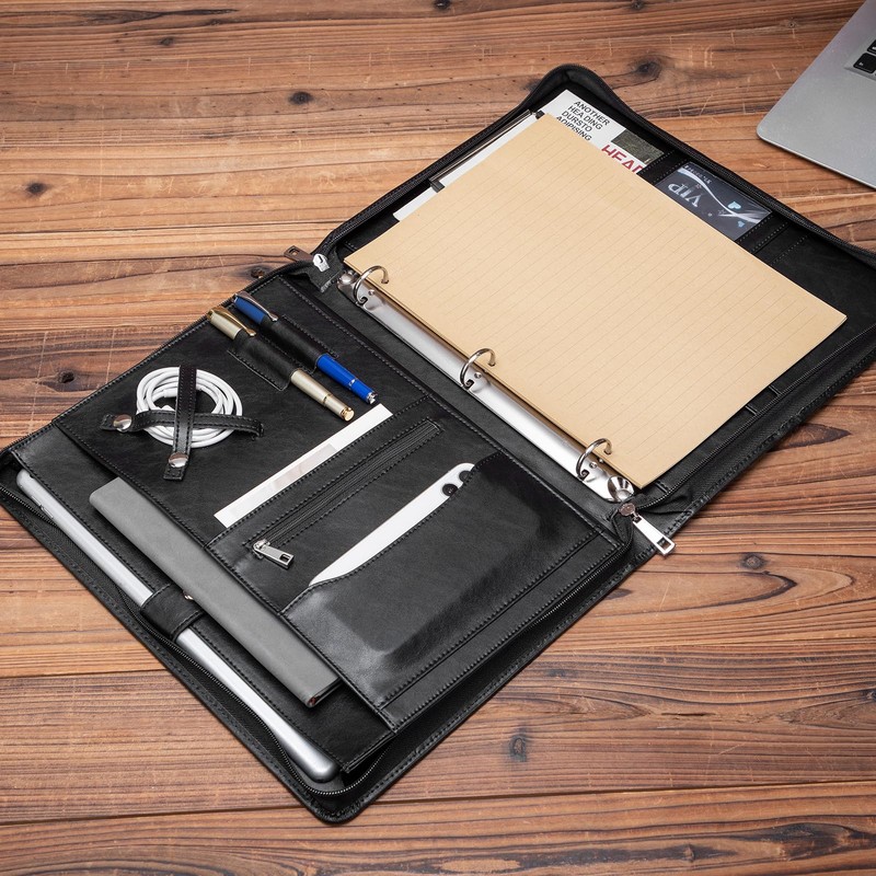 Geslun Vegan Leather Portfolio 3 Ring Binder with Clipboard, Hidden