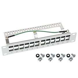 HMF 63346-07 STP Keystone Patch Panel for Server Cabinet, 10 Inch, 1 U, 12 Ports RJ45 Shielded, Light Grey