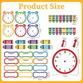 FYSUIMU 45 Pcs Telling Time Bulletin Board Decoration Set Colored Crayon Clock Practice Cutouts Time Learning Paper Labels with Glue Points for Back to School Party Classroom Wall