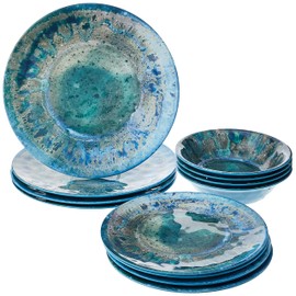Radiance Teal 12pc Melamine Dinnerware Set – Service for 4 Plates and Bowls Set, Outdoor Dinnerware, Coastal Dishes, Unbreakable, Dishwasher Safe, Heavyweight Melamine, Rustic Look