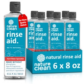 Nature Clean All Natural Dishwasher Rinse Aid Cleaner, Liquid Dishwasher Rinse Agent for Spot-Free Glass & Cutlery in Hard Water, Non Toxic Dish Washer Rinse Aid & Stain Remover, 8 oz/250ml, Pack of 6