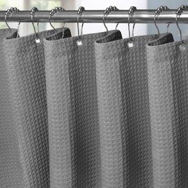 Waffle Shower Curtain with Metal Shower Curtain Rings Fabric Textile Bath Curtain Anti Mould Bathroom Curtain Waterproof Bath Curtain Heavy Shower Curtain Bathroom - 122 x 182 cm (Dark Grey)