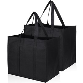 JOOTUEPO 2 Pack Black Reusable Grocery Bags Shopping Bag Tote Bag with Handles, Foldable Washable Stands Upright Reinforced Bag Hold Extra Large & Durable Shopper Bags for Daily Life, Picnic, Camping