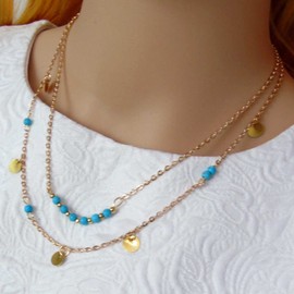 Cimenexe Bohemian Layered Turquoise Bead Choker Necklace Coin Dangle Necklace Blue Turquoise Choker Gold Disc Choker Necklace Natural Stone Necklace Chain Jewellery for Women and Girls