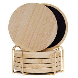 YONGHEE Absorbent Coasters Set of 6, Desert-Like Patterns Natural Sandstone Coaster with Holder for Coffee Table Decor, Rustic Stone Drink Coasters with Velvet Backing, Made from Australian Sandstone