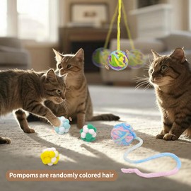 HFZRZFH 6 Piece Hand-Woven Fuzzy Woolen Yarn Cat Ball Toys with Rope and Bells - Interactive Indoor Kitten Toys for Play and Exercise, Fun and Colourful