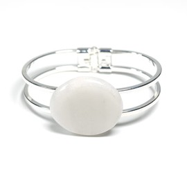 White Jade Stone Silver Bangle Cuff Bracelet