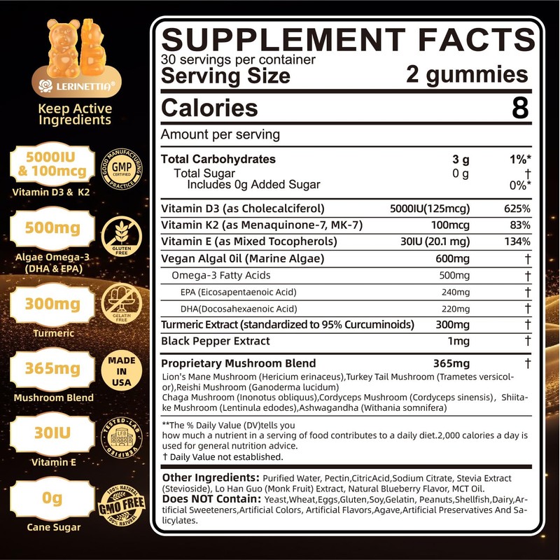 Vitamin D3 5000iu(125mcg) + Vitamin K2(MK7) Gummies with Algae Omega